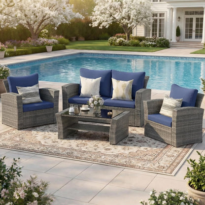 Wisteria Lane 4 Piece Patio Furniture Set, Wicker Outdoor Patio Conversation Furniture Set, All Weather Outdoor Patio Sofa with Cushion and Glass Table, Brown