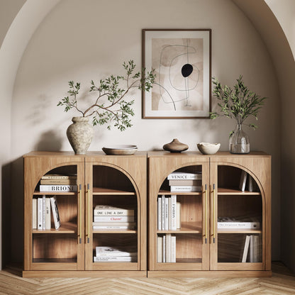 BELLEZE 65 Inch Fluted Buffet Cabinet with Storage, Symmetrical Arc Accent Sideboard Large Console Table for Dining Room, Kitchen, and Living Room (Camel)