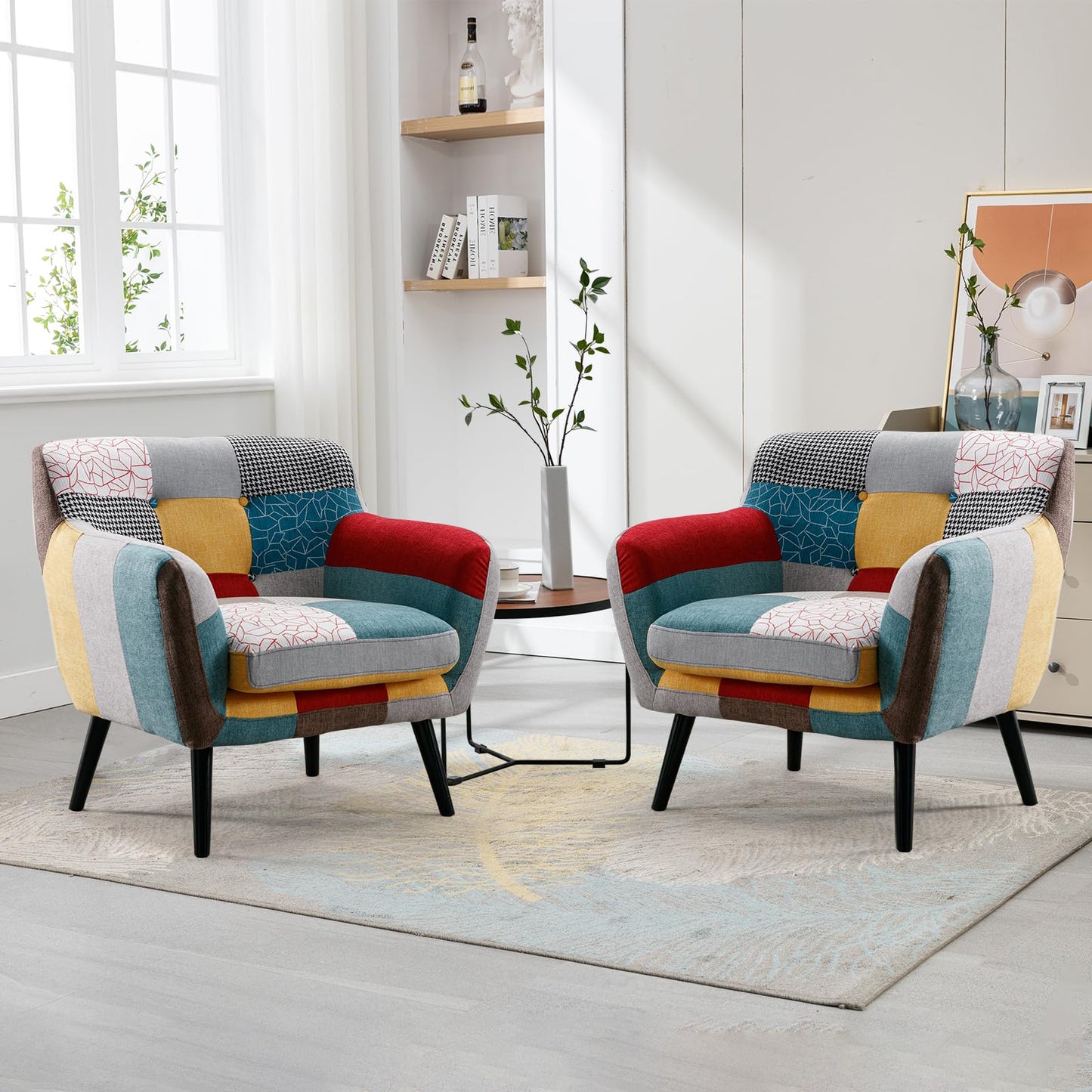 Bonzy Home Modern Oversized Accent Chair for Living Room, Colorful Boho Linen Fabric Upholstered Armchair with Wood Legs, Single