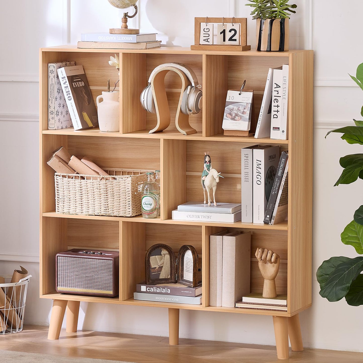 LEYAOYAO Cube Bookshelf 3 Tier Mid-Century Rustic Brown Modern Bookcase with Legs,Retro Wood Bookshelves Storage Organizer Shelf,Freestanding Open Book Shelves for Bedroom,Living Room,Office