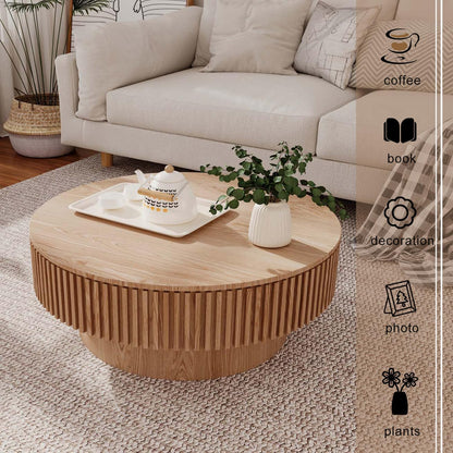 Round Coffee Table with Storage, Modern Wooden Coffee Table with Solid Wood Veneered, Circle Center Table Accent Tea Table for Living Room Apartment Small Space (31.5''L × 31.5''W × 14''H, Natural)