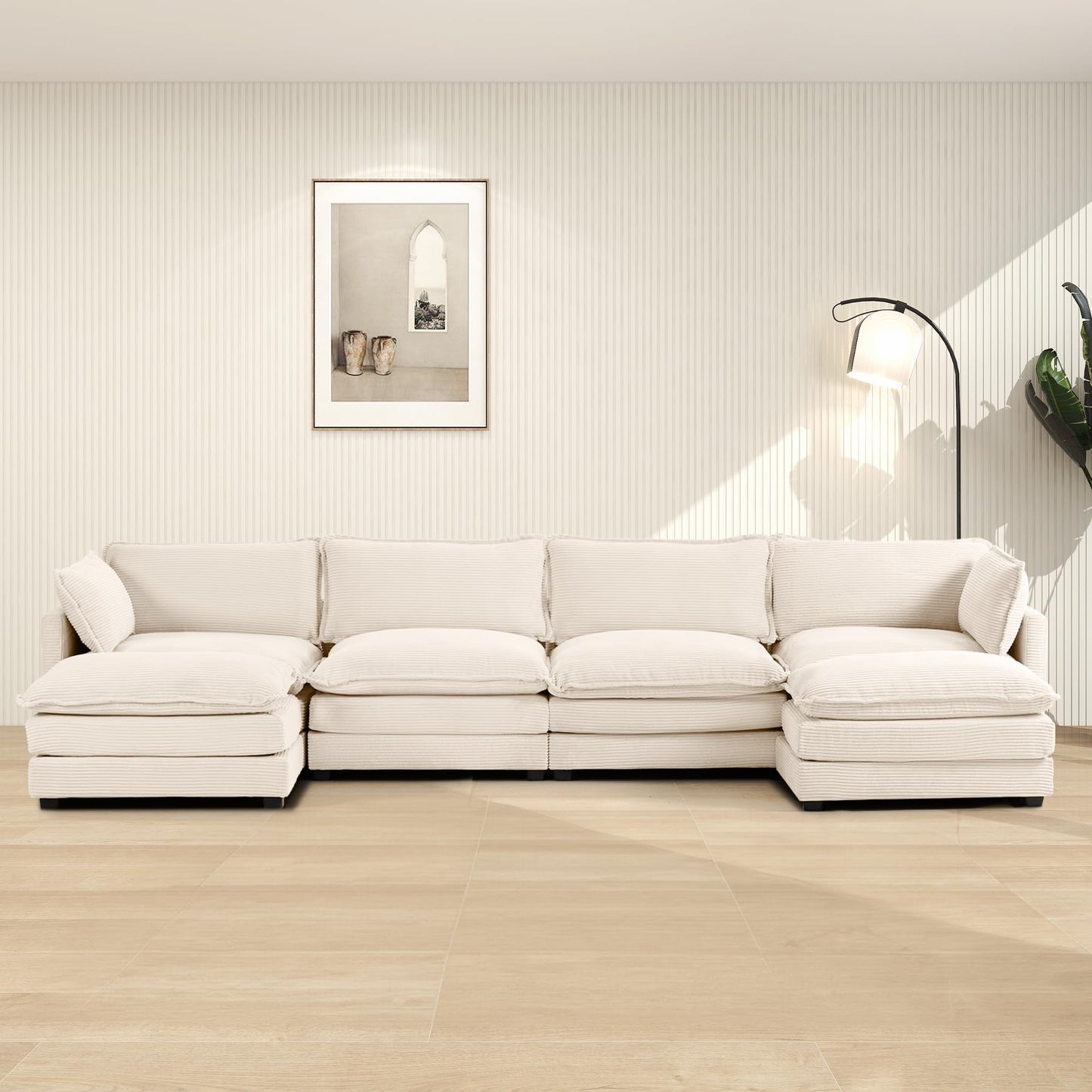 ROWHY Oversized Modular Sectional Sofa with Movable Ottoman, 112 Inch 4 Seat Modern Corduroy Sofa Set, Convertible L Shaped Couch for Living Room and Office, Beige