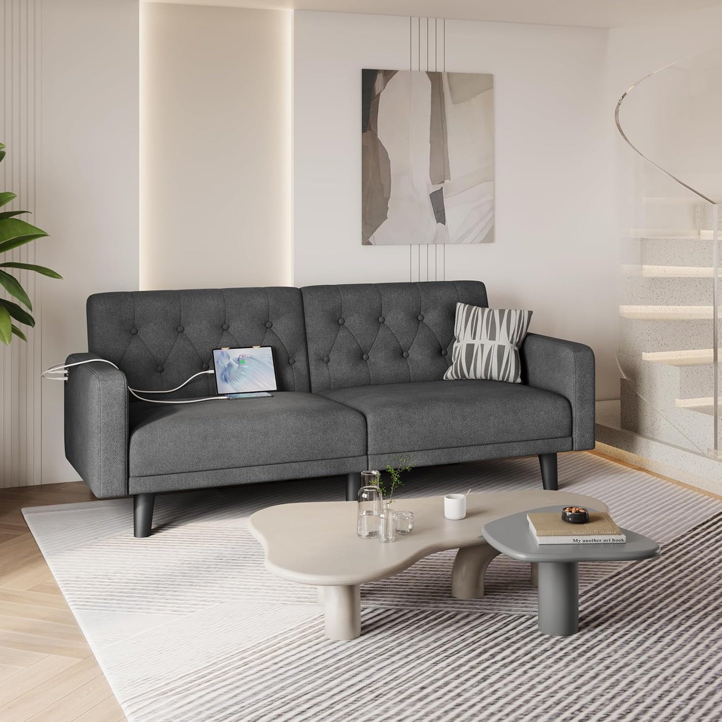 Yaheetech 63" Convertible Couch Small Futon Sofa Bed with 2 USB Ports, Reclining Backrest & Removable Armrests, Mid Century Modern Loveseat for Living Room, Apartment, Office, Dark Gray