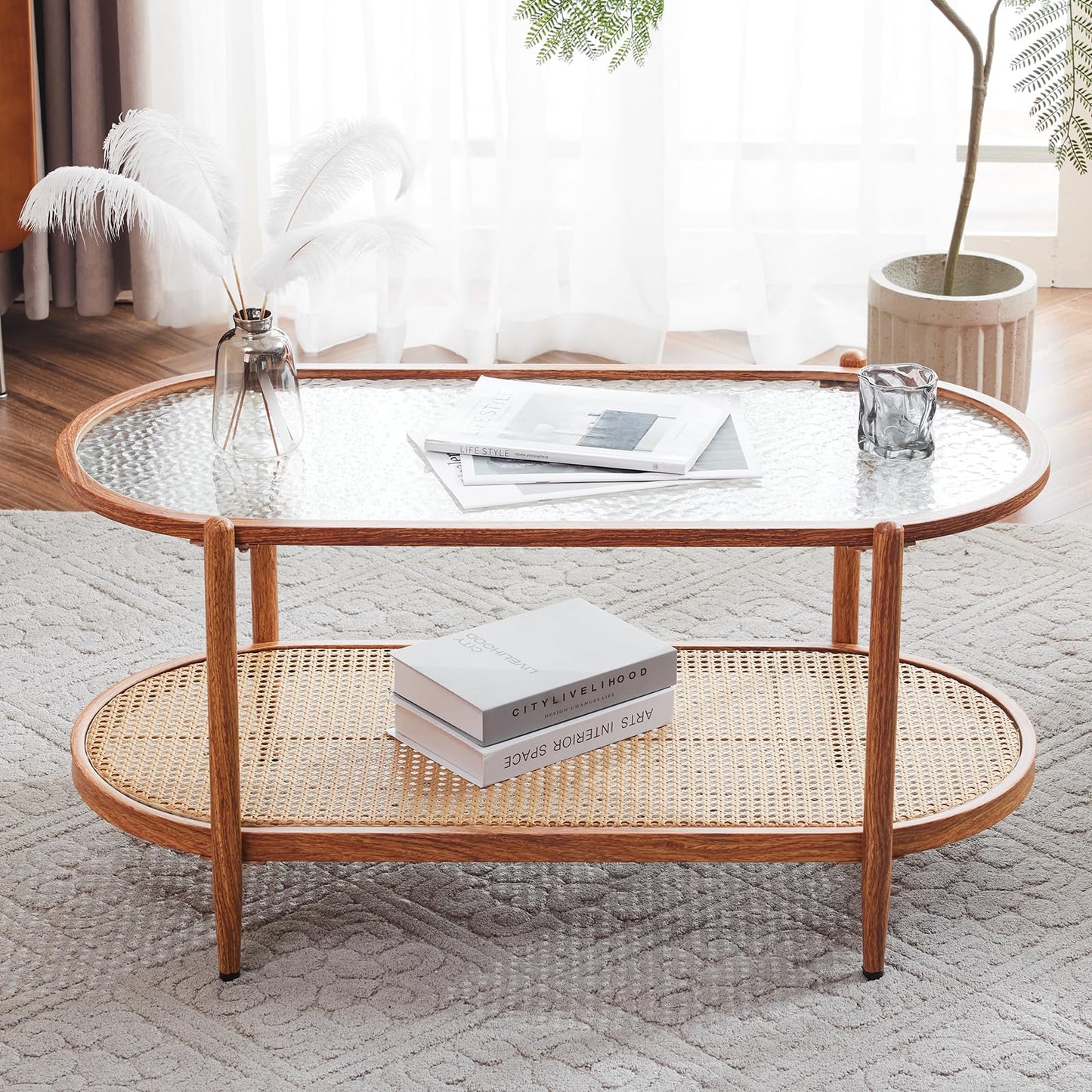 VINGLI 25.6" Rattan Coffee Table, Round Water-Wave Glass Metal Center Table, Modern Coffee Table with 2-Tier Storage, Farmhouse Circular Table for Living Room and Small Space, Natural Vibe