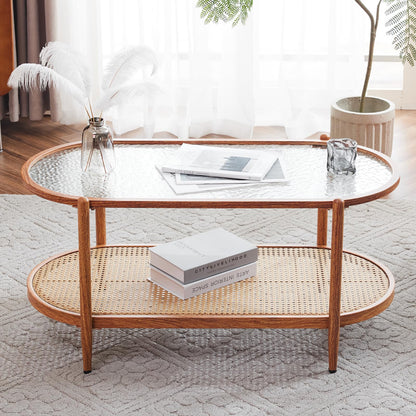 VINGLI 25.6" Rattan Coffee Table, Round Water-Wave Glass Metal Center Table, Modern Coffee Table with 2-Tier Storage, Farmhouse Circular Table for Living Room and Small Space, Natural Vibe