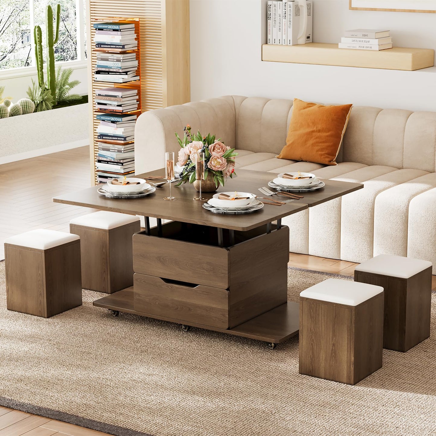 homary White Lift Top Coffee Table with Hidden Storage, 3 in 1 Multi-Function Modern Folding Center Table with 4 Stools and Casters