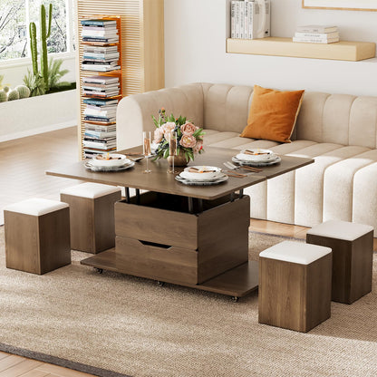 homary White Lift Top Coffee Table with Hidden Storage, 3 in 1 Multi-Function Modern Folding Center Table with 4 Stools and Casters