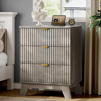 Fluted Nightstand, 24" Wide Side Table with 3 Large Storage Drawers, Mid Century Modern Wood Night Stand with Metal Handle, Wooden Bedside End Table for Bedroom, Living Room, Closet, Natural Oak