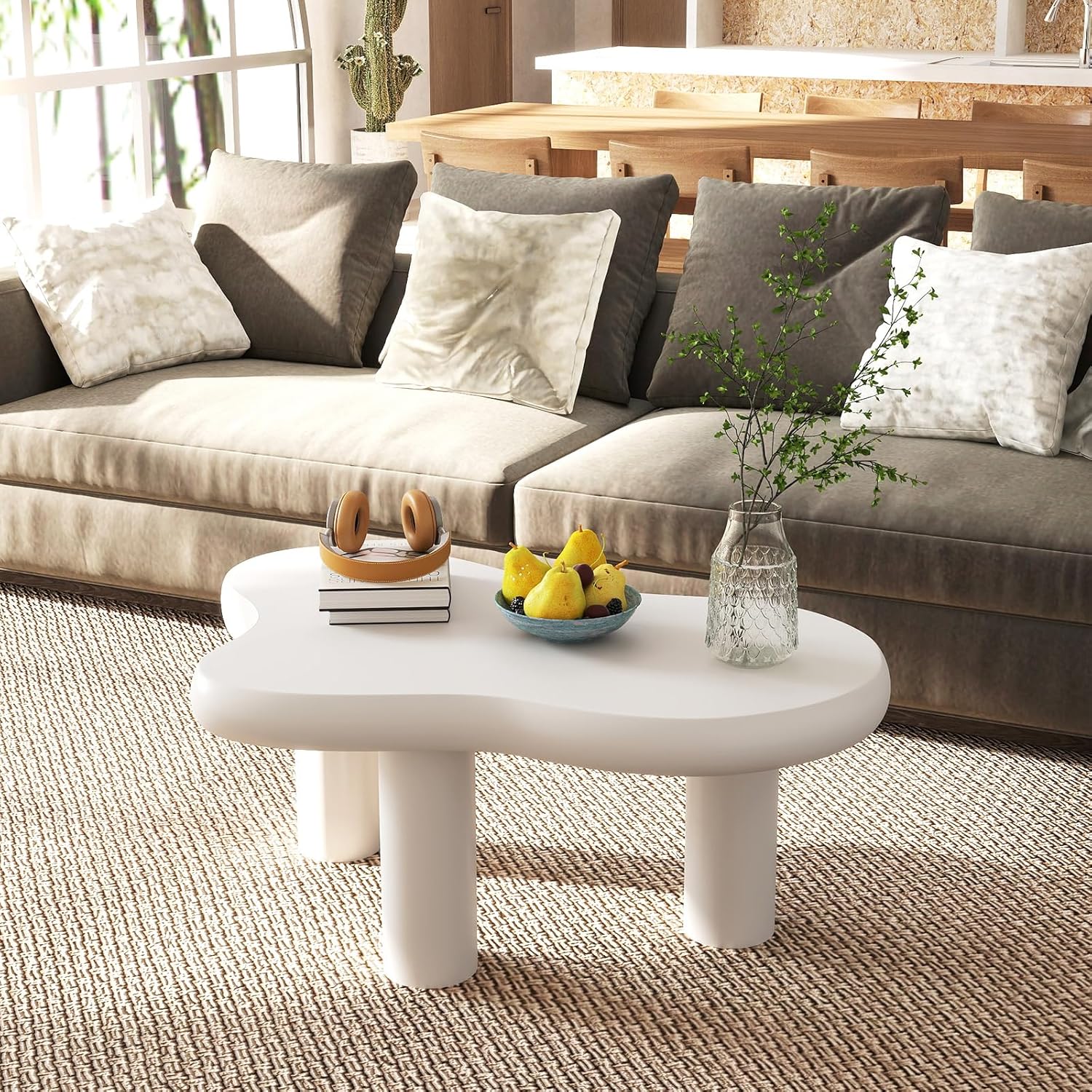 HollyHOME Cloud Coffee Table, Unique Design Accent Table for Living Room and Bedroom, Stylish and Functional Furniture Piece-Durable and Easy to Clean, Free Shape with 3 Legs, 33.9in, Cream White