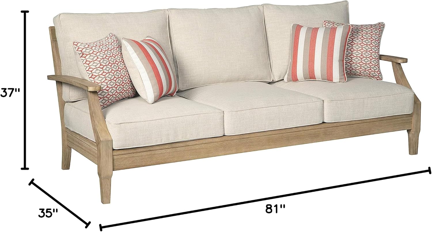 Signature Design by Ashley Clare View Outdoor Patio Sofa, 4 Throw Pillows, Nuvella Weather Resistant Fabric, Eucalyptus Wood, 81" W x 35" D x 32" H, Beige