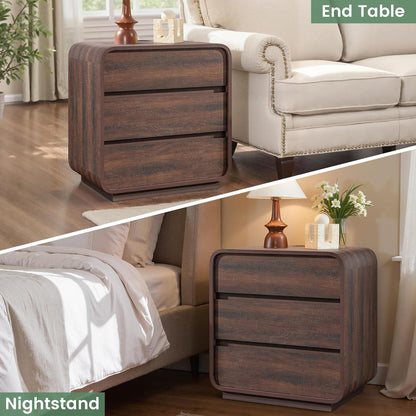 Walnut Curved Nightstand Set of 2, 23.2" Wide Wood Bedside Table with Charging Station, 3 Storage Drawers Night Stand, Large End Table for Bedroom, Living Room, Sofa