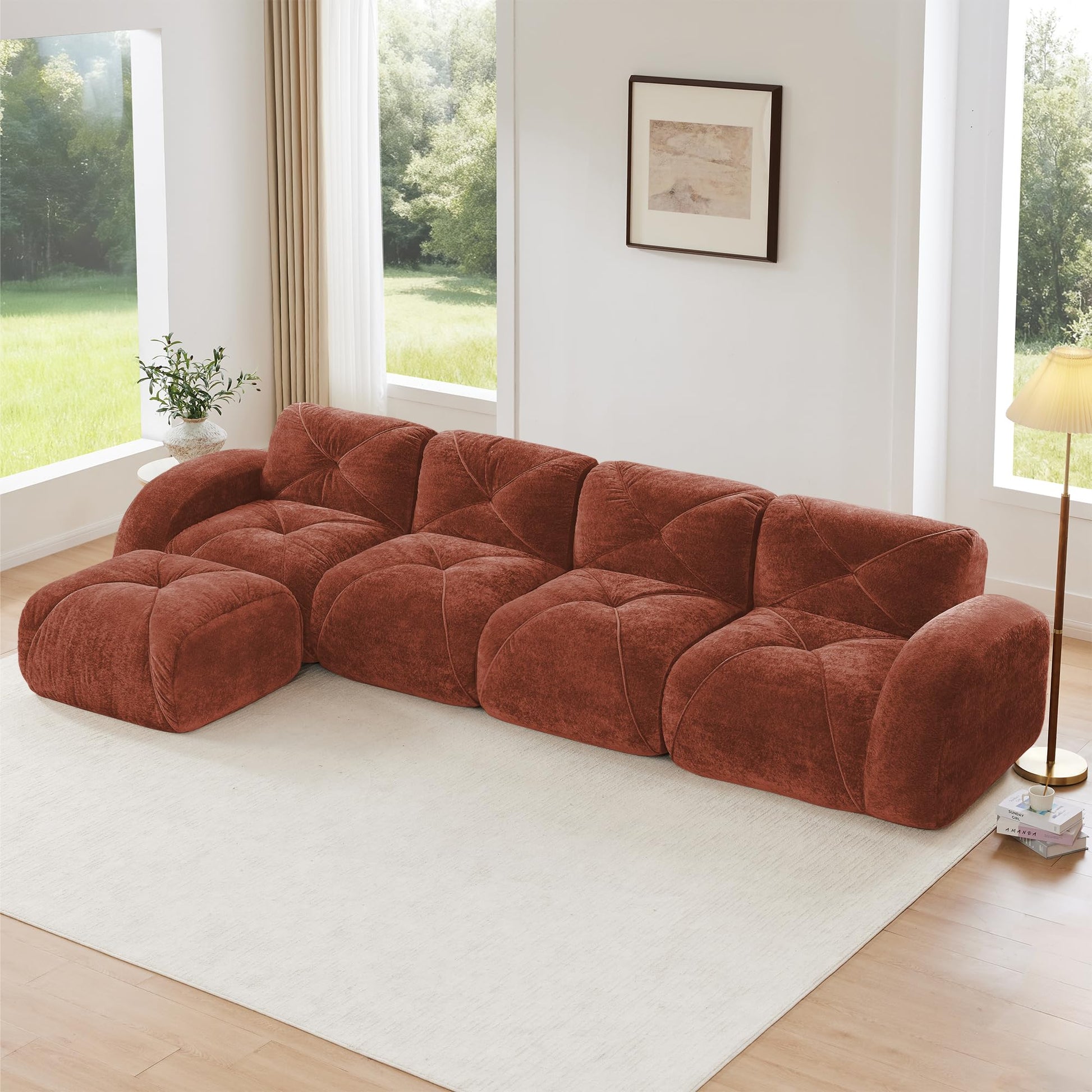 Modular Sectional Sofa, 2026 New Soft Velvet Fabric Boneless Couch with 2 Chaises, 32D High Density Sponge, Bottom Anti-Slip Design Cloud Couch, No Assembly Required Couches for Living Room, Camel