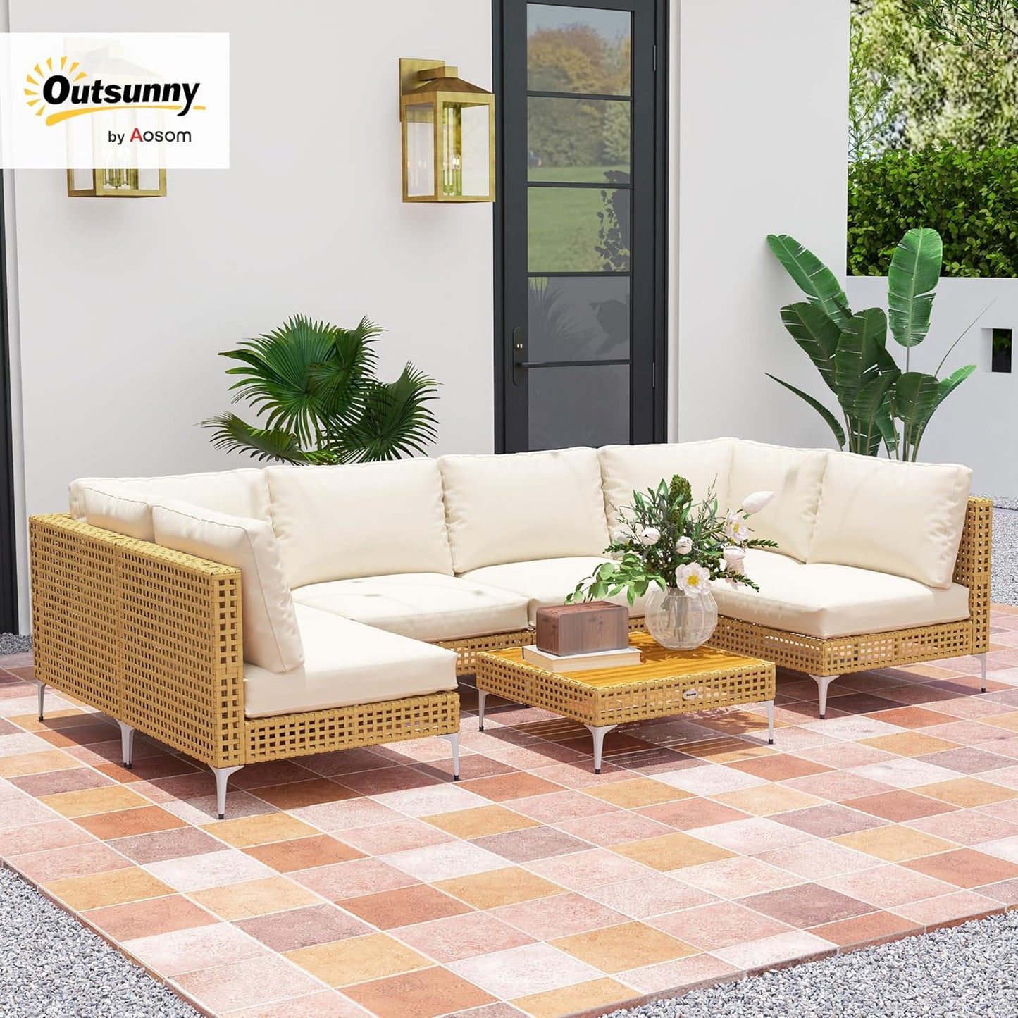 Outsunny 7 Piece Wicker Patio Furniture Set, Modular Outdoor Sectional with Thickened Cushions, Rattan Outdoor Furniture Conversation Set with Slatted Acacia Wood Table for Backyard, Khaki/Beige