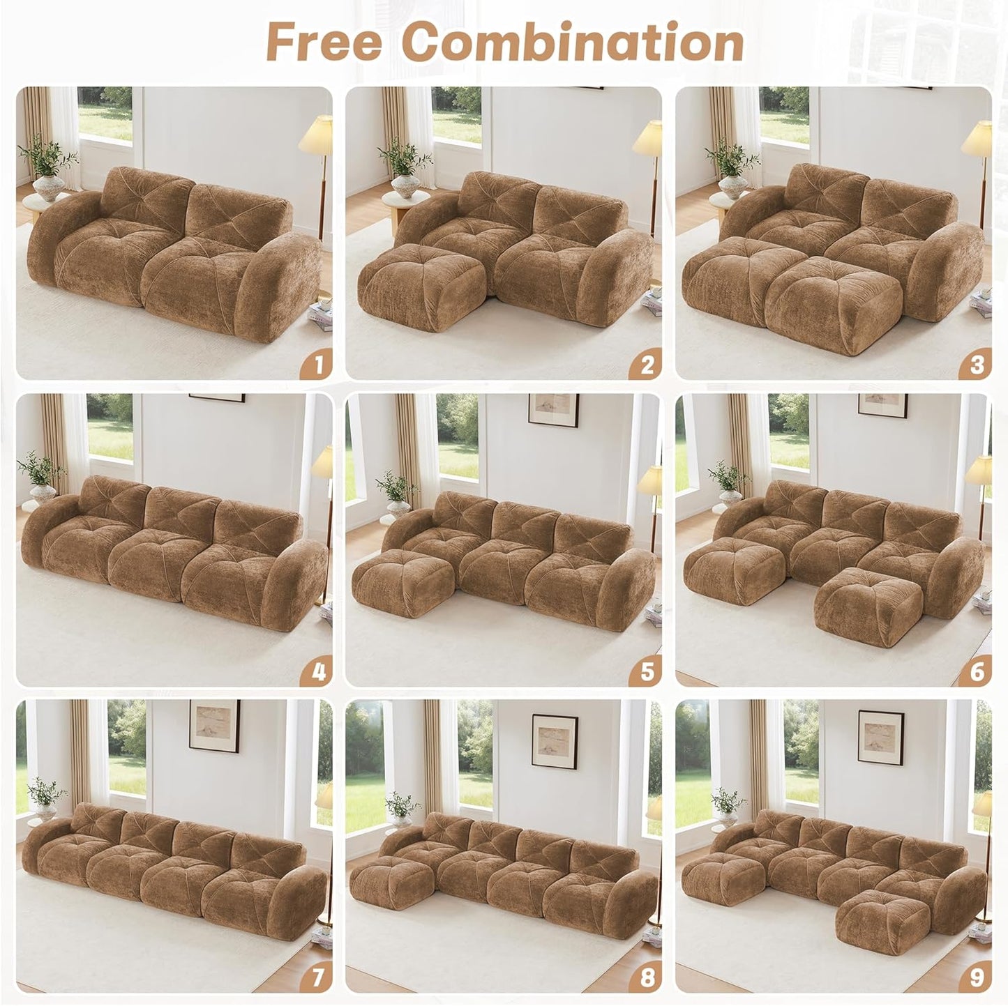 Modular Sectional Sofa, 2026 New Soft Velvet Fabric Boneless Couch with 2 Chaises, 32D High Density Sponge, Bottom Anti-Slip Design Cloud Couch, No Assembly Required Couches for Living Room, Camel