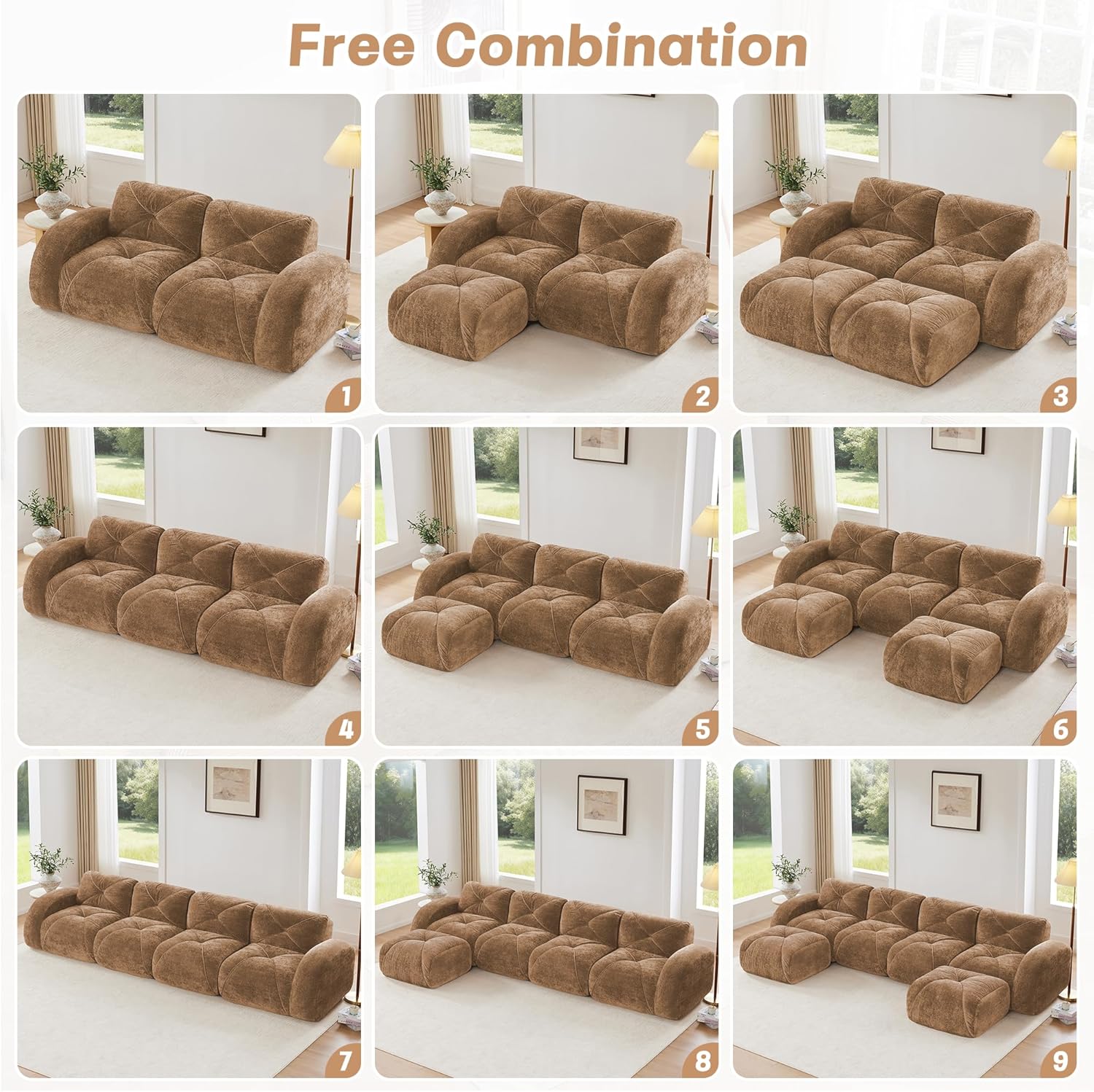 Modular Sectional Sofa, 2026 New Soft Velvet Fabric Boneless Couch with 2 Chaises, 32D High Density Sponge, Bottom Anti-Slip Design Cloud Couch, No Assembly Required Couches for Living Room, Camel