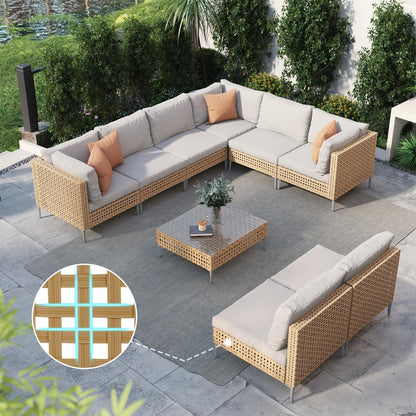 Grand patio 7-Piece Wicker Patio Furniture Set, Boho Outdoor Conversation Set Sectional Sofa with Water Resistant Thick Cushions and Coffee Table, Cream