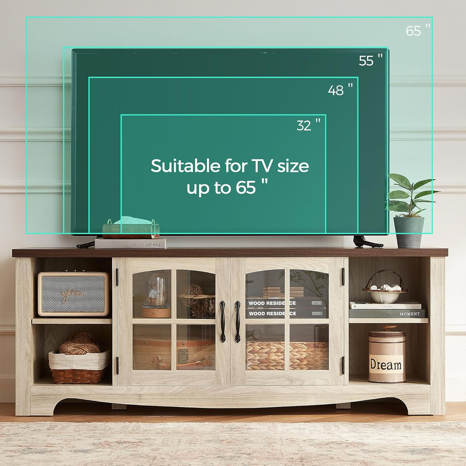 LINSY HOME Farmhouse TV Stand for 65 Inch TV, Wood Entertainment Center with Glass Door Storage Cabinet & Adjustable Shelves, Large Sturdy TV Console Table for Living Room Bedroom
