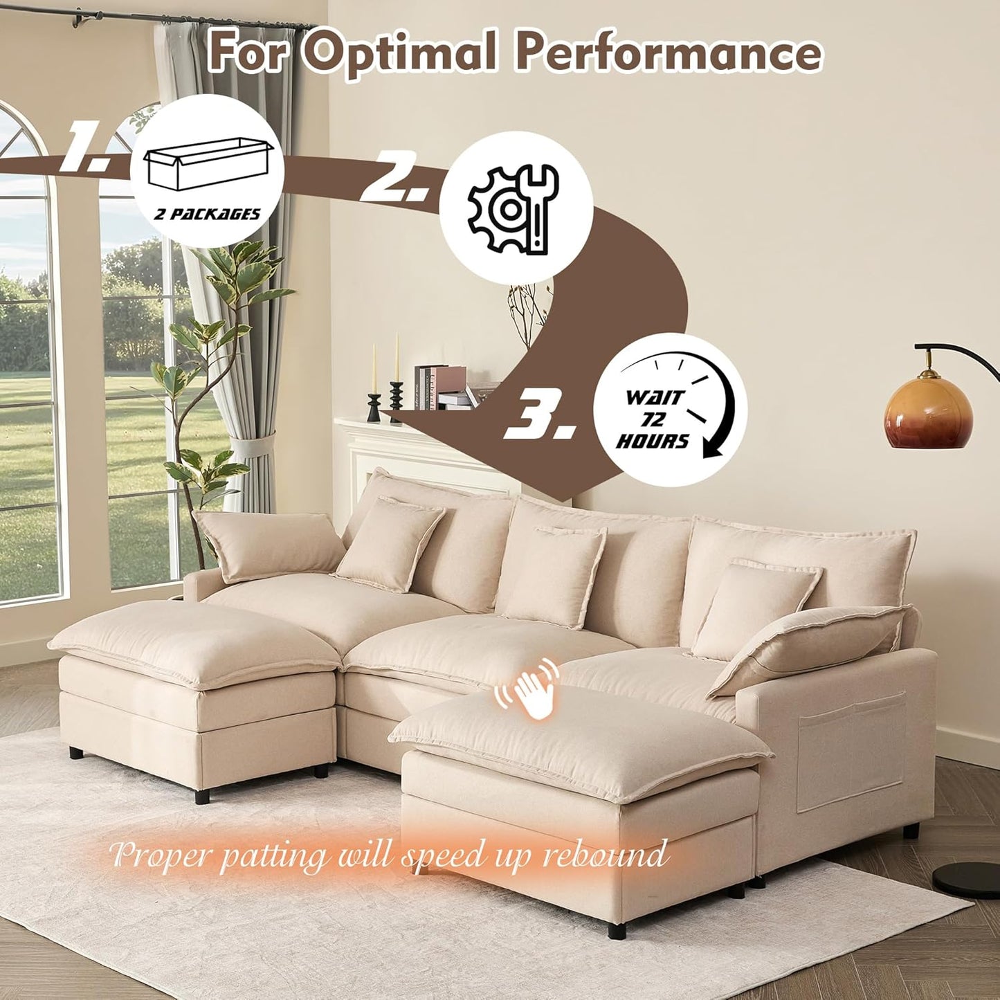 108" U Shaped Couch, Modular Sectional Sofa, 3-Seater Comfy Cloud Couch with Movable Ottoman, Deep Seat Couches for Living Room, Linen, Beige