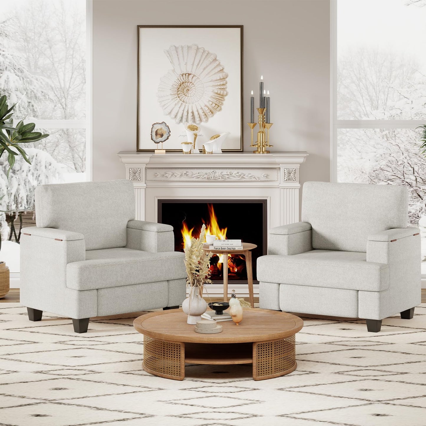 Extra Large Wing Chair, Living Room, 93.5 cm Upholstered Chair, TV Chair, Single Sofa with Removable Armrest & Throw Cushion, Single Sofa Reading Chair for Living Room, Bedroom, Beige