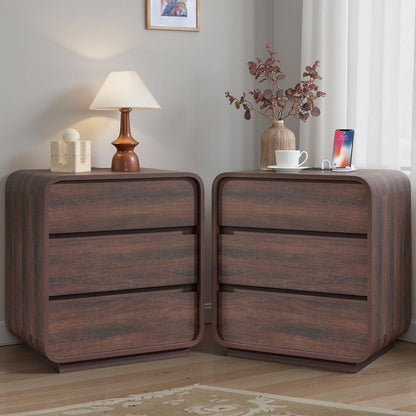 Walnut Curved Nightstand Set of 2, 23.2" Wide Wood Bedside Table with Charging Station, 3 Storage Drawers Night Stand, Large End Table for Bedroom, Living Room, Sofa