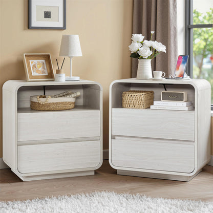 Walnut Curved Nightstand Set of 2, 23.2" Wide Wood Bedside Table with Charging Station, 3 Storage Drawers Night Stand, Large End Table for Bedroom, Living Room, Sofa