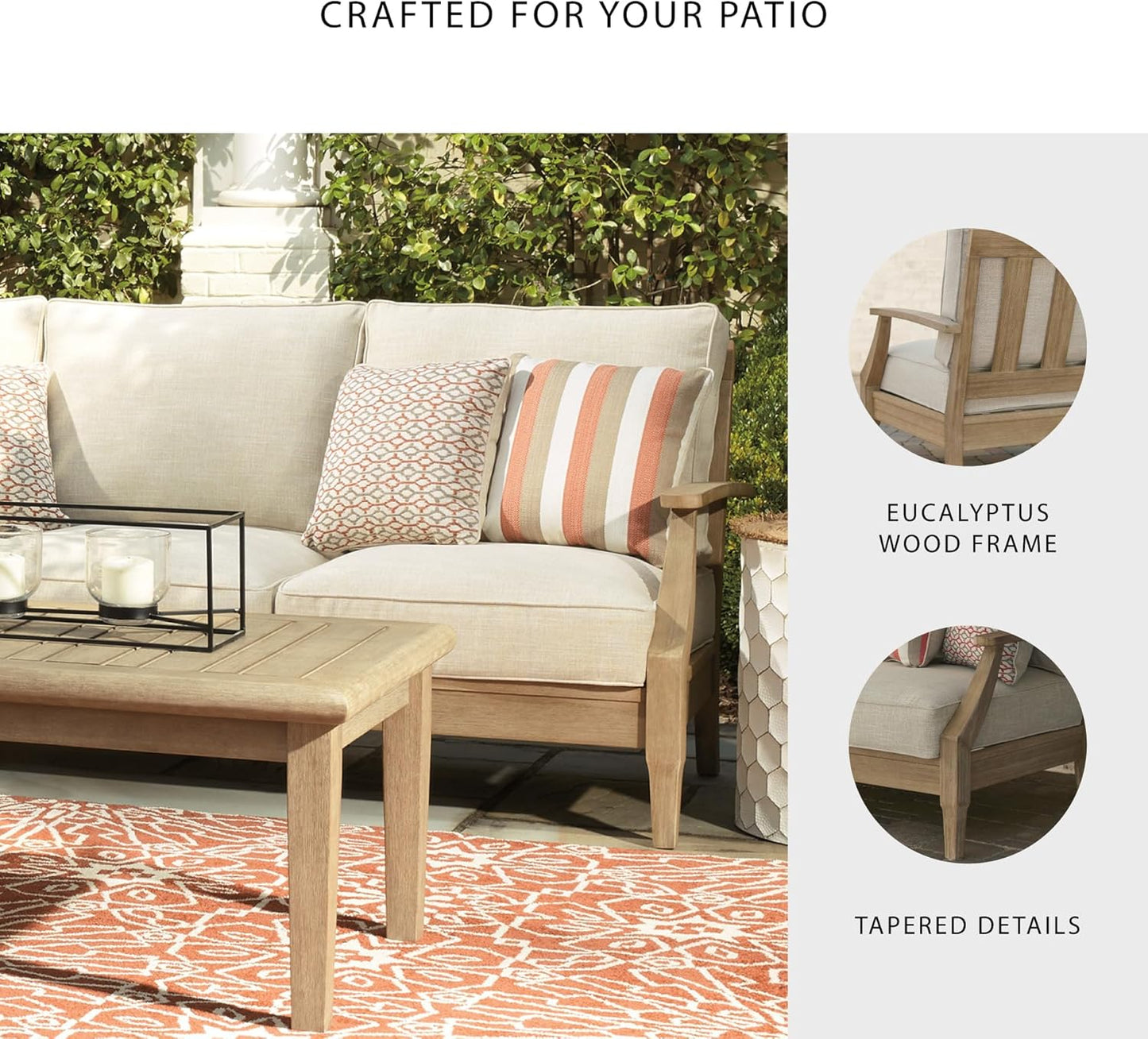 Signature Design by Ashley Clare View Outdoor Patio Sofa, 4 Throw Pillows, Nuvella Weather Resistant Fabric, Eucalyptus Wood, 81" W x 35" D x 32" H, Beige