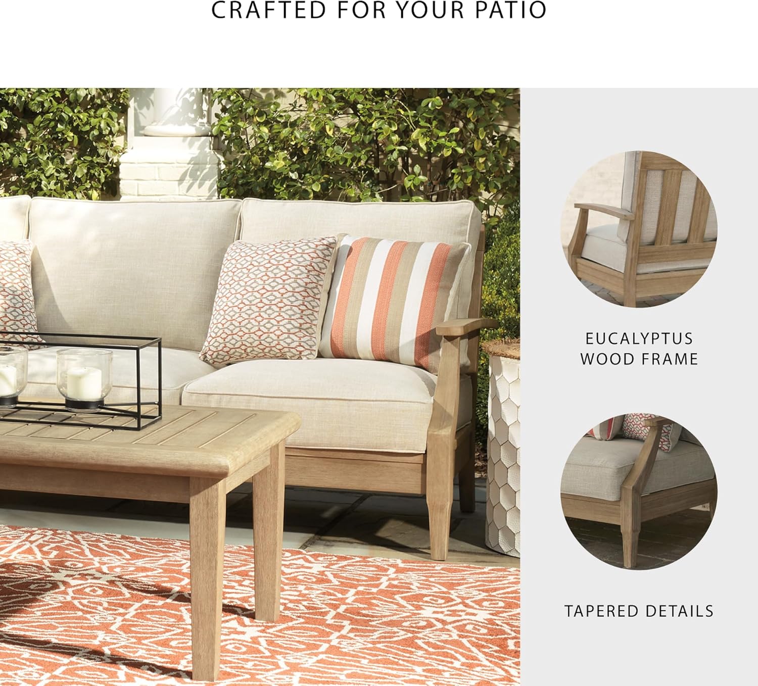 Signature Design by Ashley Clare View Outdoor Patio Sofa, 4 Throw Pillows, Nuvella Weather Resistant Fabric, Eucalyptus Wood, 81" W x 35" D x 32" H, Beige
