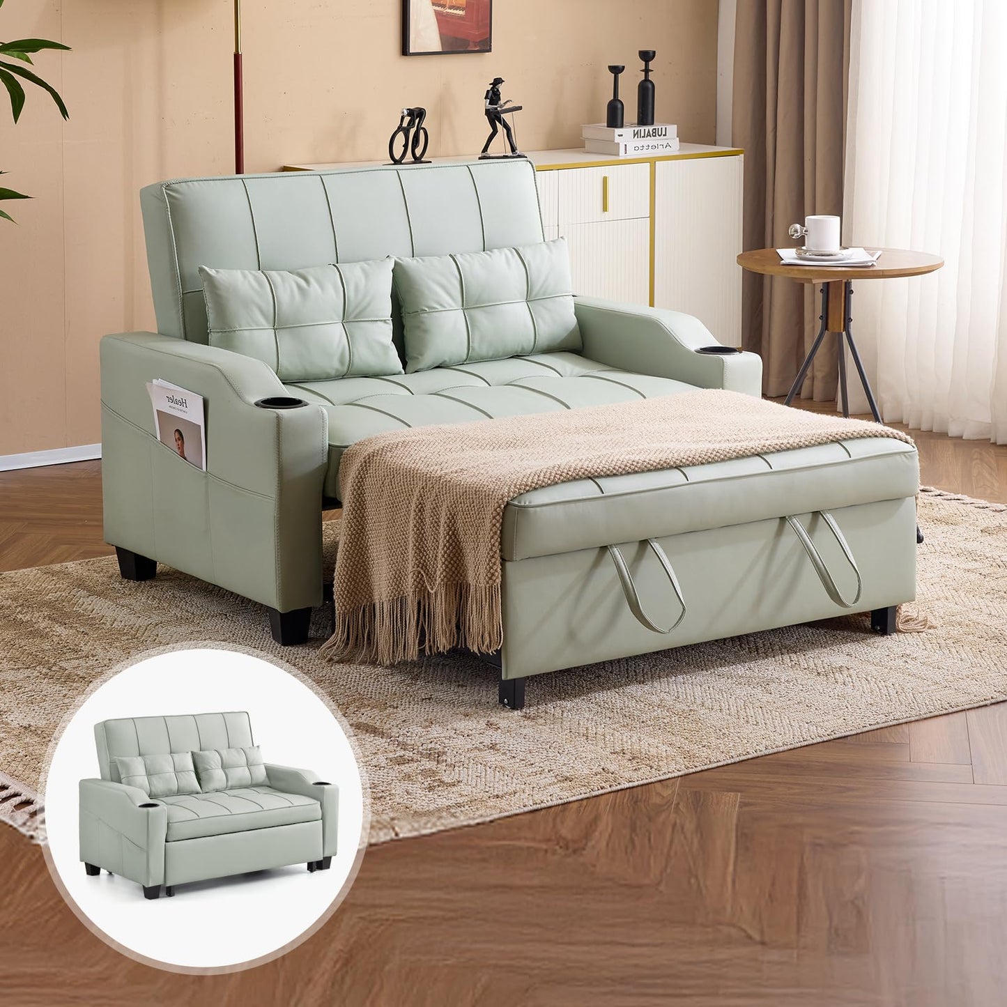 VINGLI Beige Loveseat Sleeper Sofa, Convertible Futon Sofa Bed Faux Leather Pullout Couch Bed with USB Ports, Cup Holders, Armrest for Living Room, Bedroom, Home Office Apartment