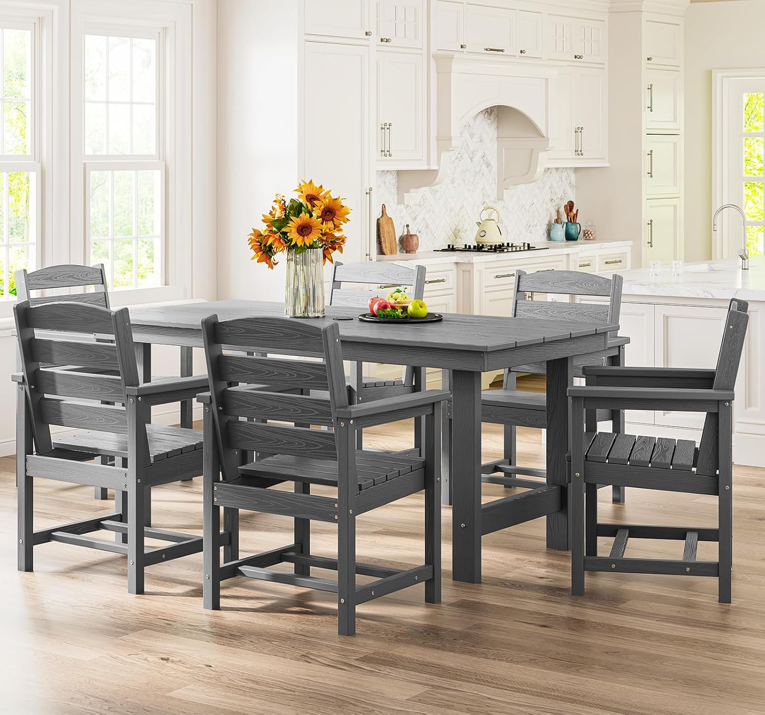 SERWALL Outdoor HDPE Dining Table Set, 7-Piece Outdoor Dining Table Sets with Umbrella Hole Cut-Out Table and 6 Chairs, Gray