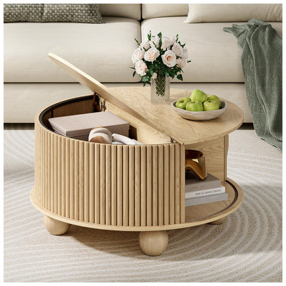 Round Coffee Table with Storage,Mid Century Modern Circle Coffee Table for Living Room,31.5" Small Fluted Center Table with Sliding Door,Home Small Space, Walnut