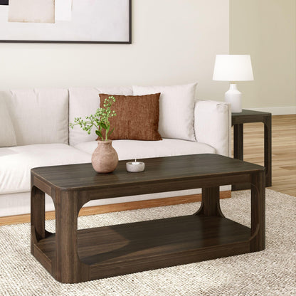 Plank+Beam Small Forma Coffee Table, Solid Wood 40 Inch Modern Coffee Table with Shelf, Contemporary Center Table with Storage Space, Rectangle Tea Table with Storage, Pecan