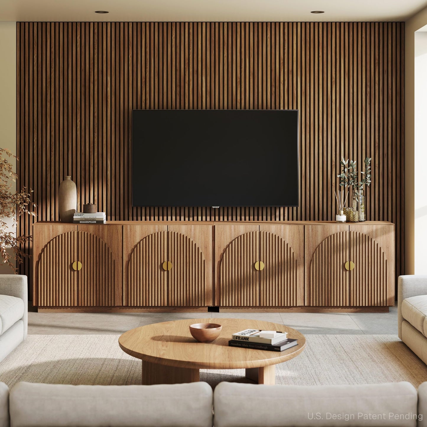 BELLEZE 65 Inch Fluted Buffet Cabinet with Storage, Symmetrical Arc Accent Sideboard Large Console Table for Dining Room, Kitchen, and Living Room (Camel)