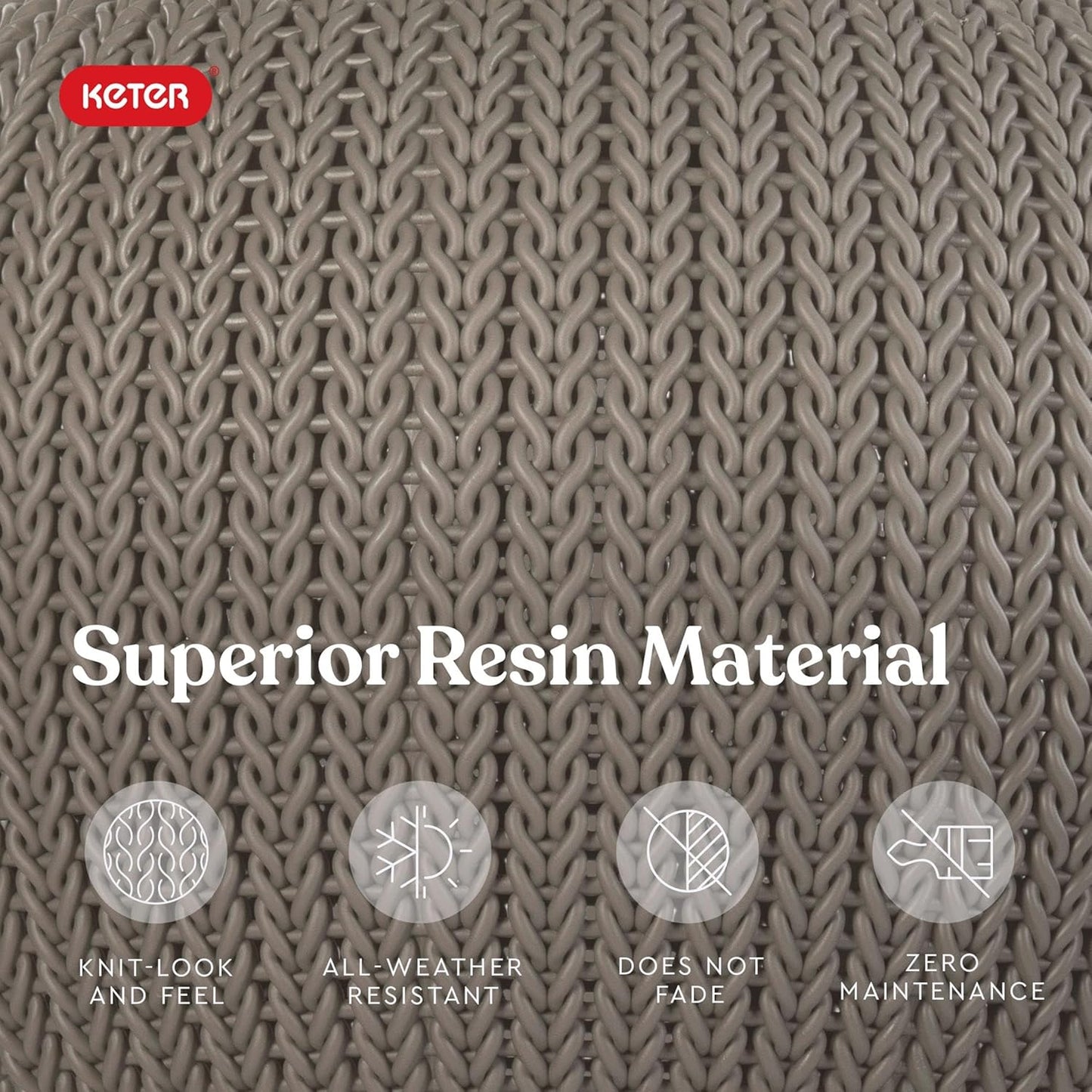 KETER Urban Knit Pouf Ottoman Set of 2 with Storage Table for Patio and Room Décor-Perfect for Balcony, Deck, and Outdoor Seating, Cream & Taupe