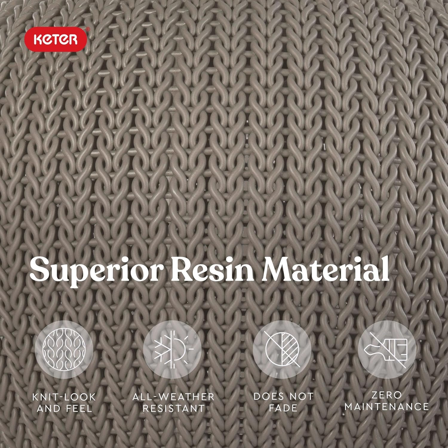 KETER Urban Knit Pouf Ottoman Set of 2 with Storage Table for Patio and Room Décor-Perfect for Balcony, Deck, and Outdoor Seating, Cream & Taupe