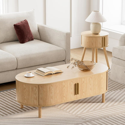 Coffee Table for Living Room, Modern Oval Coffee Table with Cabinets & Sliding Doors, Home Small Space, 29.9" Fluted Center Table, Natual