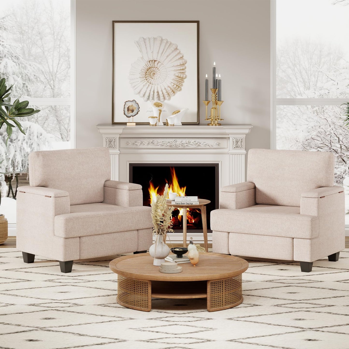 Extra Large Wing Chair, Living Room, 93.5 cm Upholstered Chair, TV Chair, Single Sofa with Removable Armrest & Throw Cushion, Single Sofa Reading Chair for Living Room, Bedroom, Beige