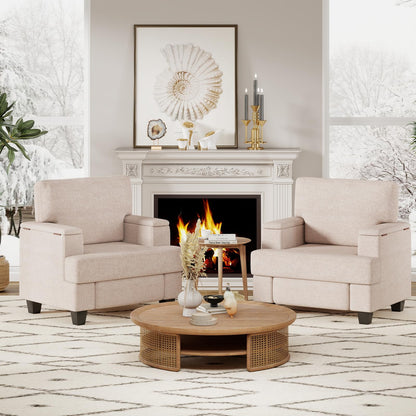 Extra Large Wing Chair, Living Room, 93.5 cm Upholstered Chair, TV Chair, Single Sofa with Removable Armrest & Throw Cushion, Single Sofa Reading Chair for Living Room, Bedroom, Beige