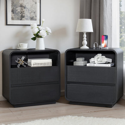 Walnut Curved Nightstand Set of 2, 23.2" Wide Wood Bedside Table with Charging Station, 3 Storage Drawers Night Stand, Large End Table for Bedroom, Living Room, Sofa