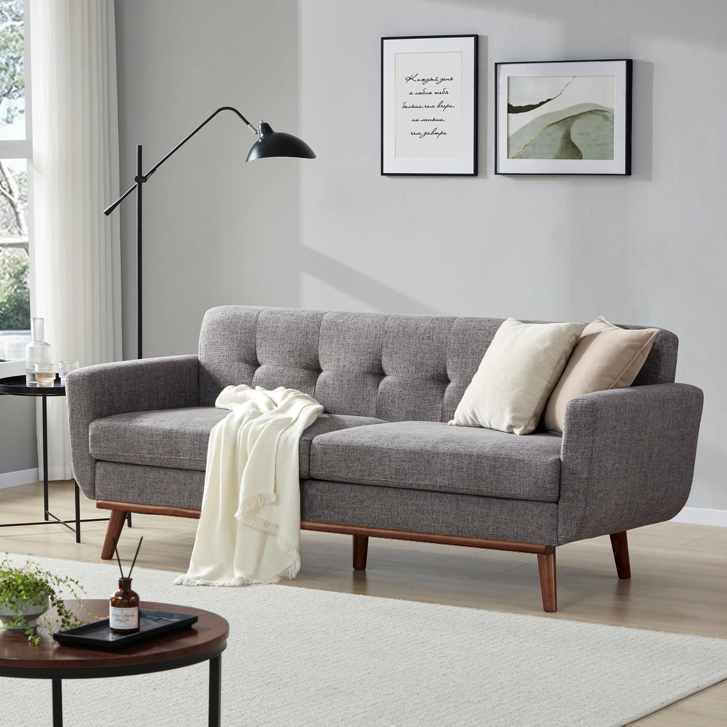 Kingfun 65.2" W Loveseat Sofa, Mid Century Modern Decor Love Seat Couches for Living Room, Button Tufted Upholstered Furniture, Solid & Easy to Install Small Couch for Bedroom Office Apartment, Beige