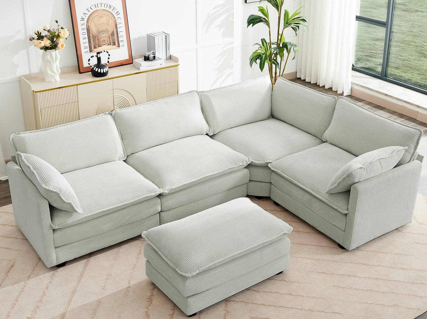 ROWHY Oversized Modular Sectional Sofa with Movable Ottoman, 112 Inch 4 Seat Modern Corduroy Sofa Set, Convertible L Shaped Couch for Living Room and Office, Beige