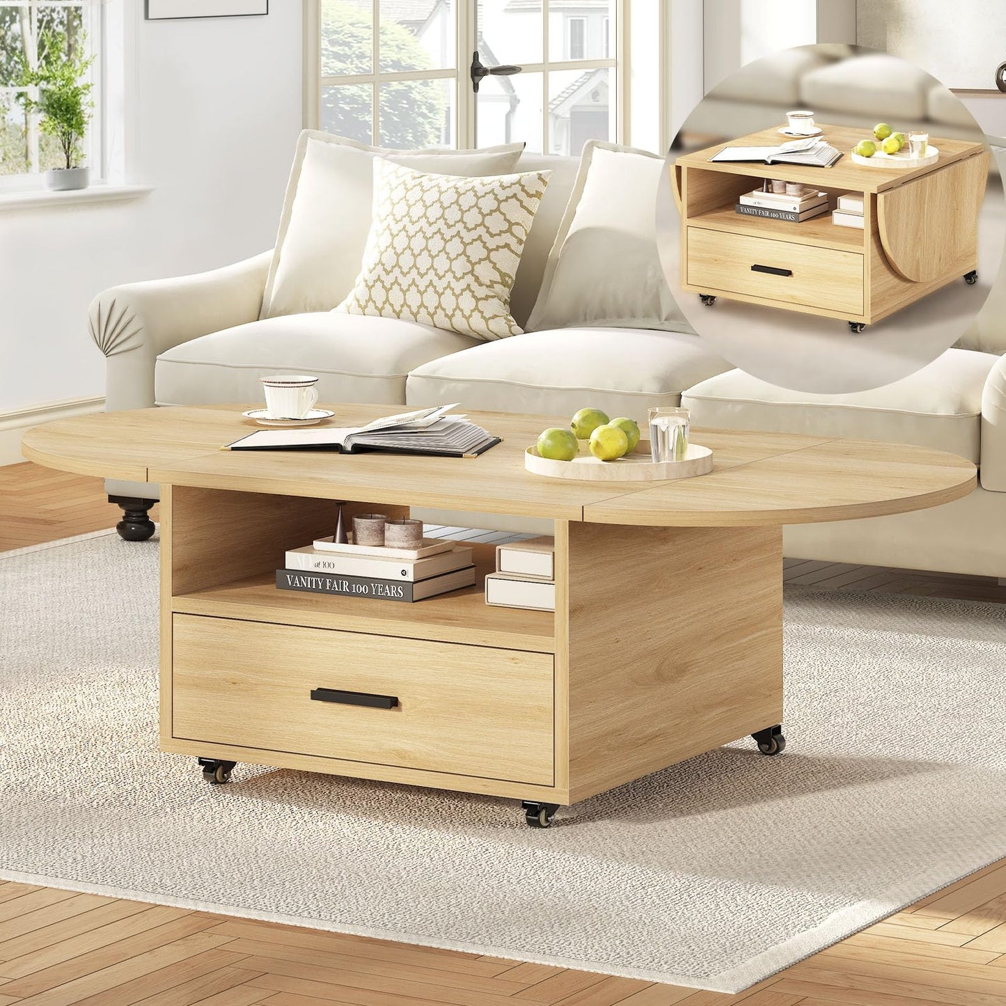 IBF Coffee Table with Storage, Wood Oval Living Room Table with Drawer, Multifunctional Rustic Foldable Center Table, Extendable Tea Table with Wheels for Home Bedroom Office, Rustic Brown, 47 in