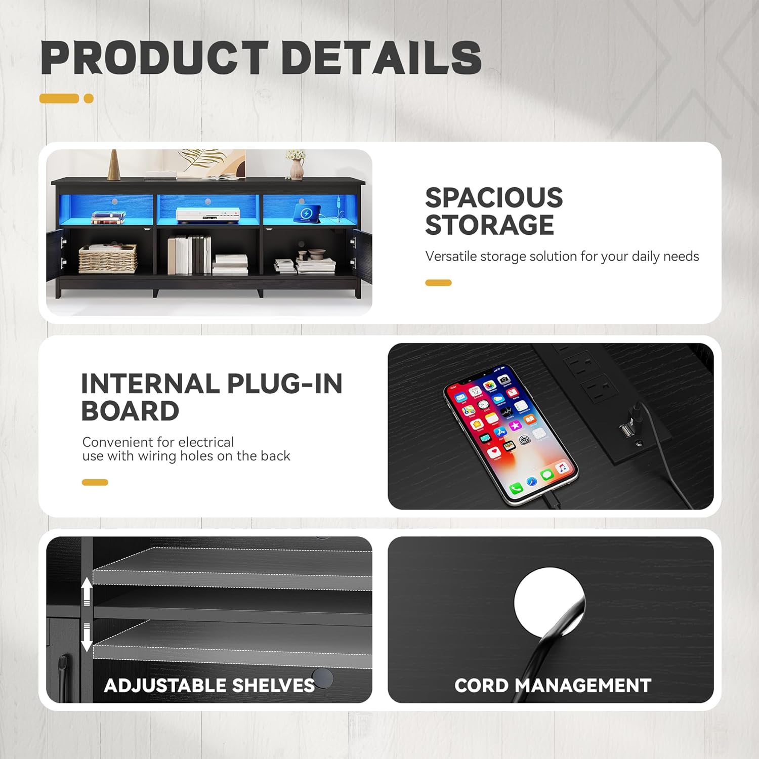 YITAHOME TV Stand for 80/75/70 Inch TVs with LED Lights, Farmhouse Entertainment Center with Storage Cabinets, Open Shelves & Adjustable Shelf for Living Room, Black