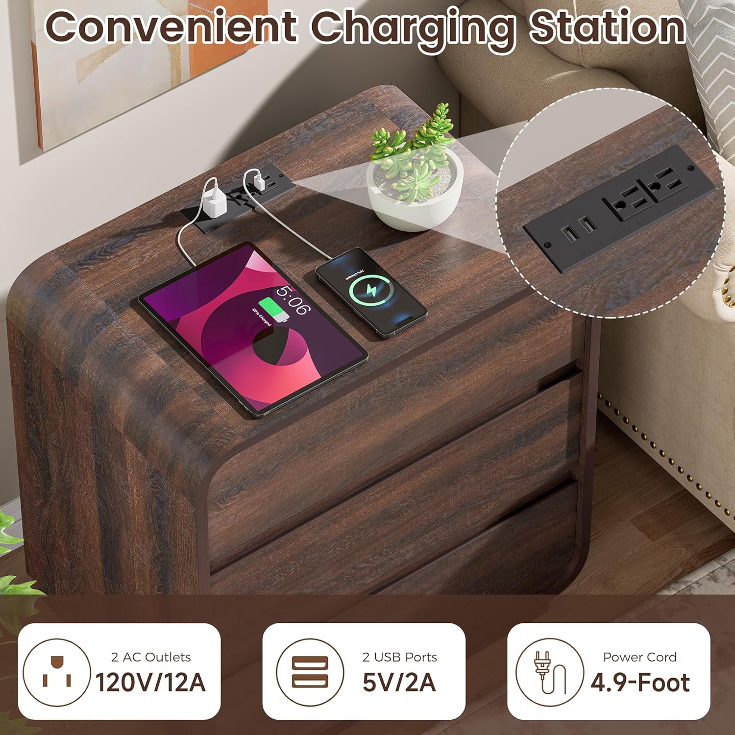 Walnut Curved Nightstand Set of 2, 23.2" Wide Wood Bedside Table with Charging Station, 3 Storage Drawers Night Stand, Large End Table for Bedroom, Living Room, Sofa