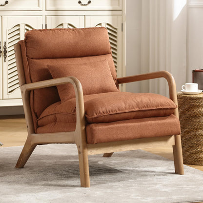 INZOY Mid Century Modern Accent Chair with Wood Frame, Upholstered Living Room Chairs with Waist Cushion, Reading Armchair for Bedroom Sunroom (Beige)