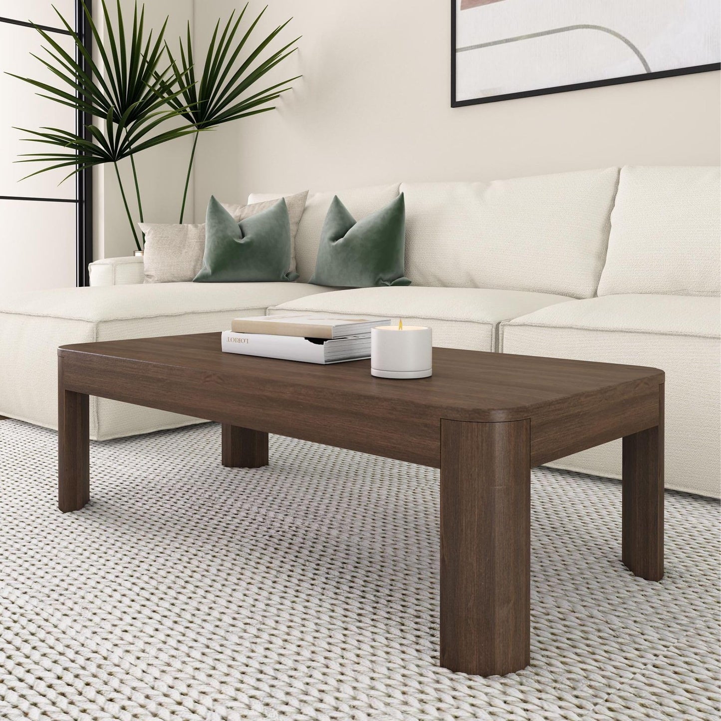 Plank+Beam Small Forma Coffee Table, Solid Wood 40 Inch Modern Coffee Table with Shelf, Contemporary Center Table with Storage Space, Rectangle Tea Table with Storage, Pecan