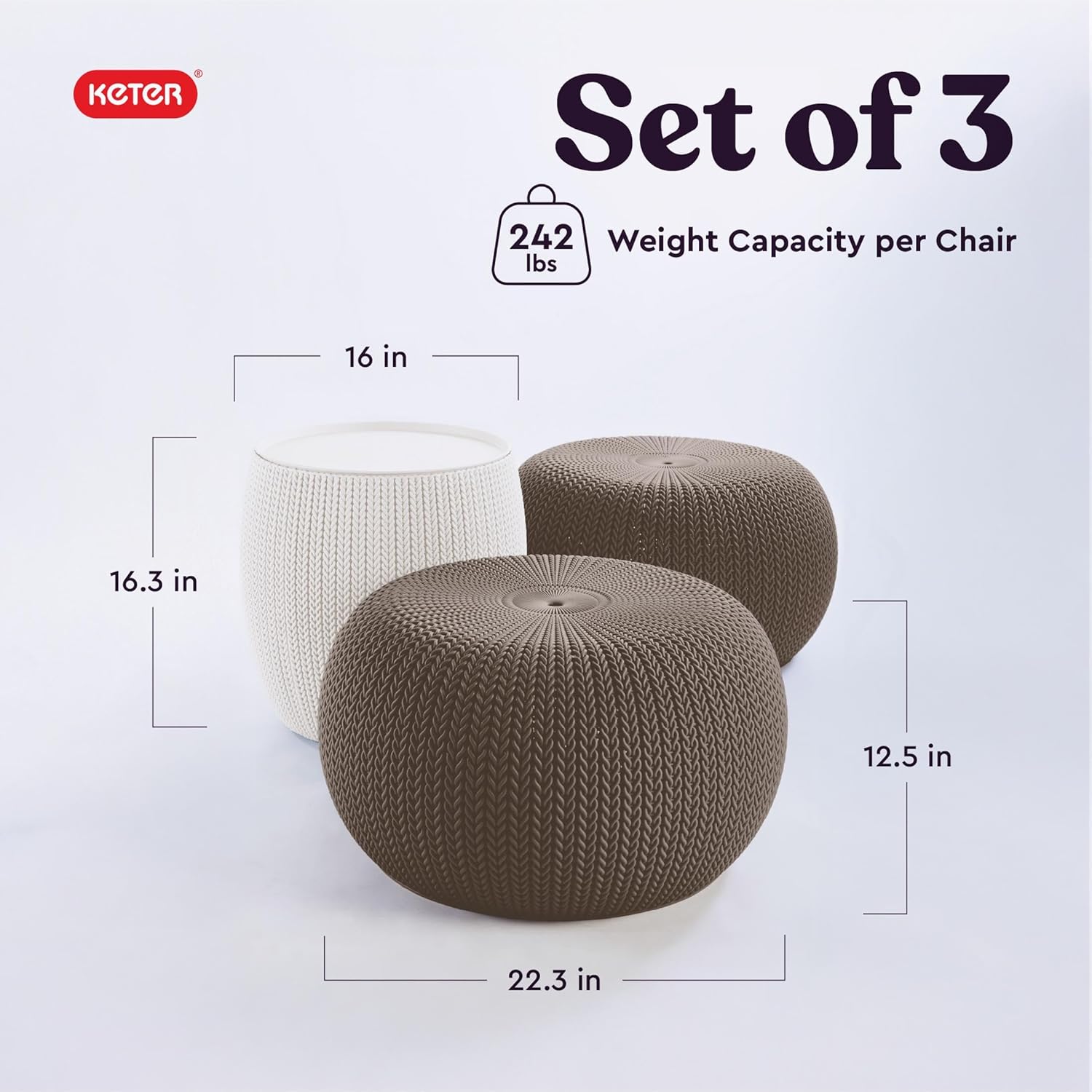 KETER Urban Knit Pouf Ottoman Set of 2 with Storage Table for Patio and Room Décor-Perfect for Balcony, Deck, and Outdoor Seating, Cream & Taupe