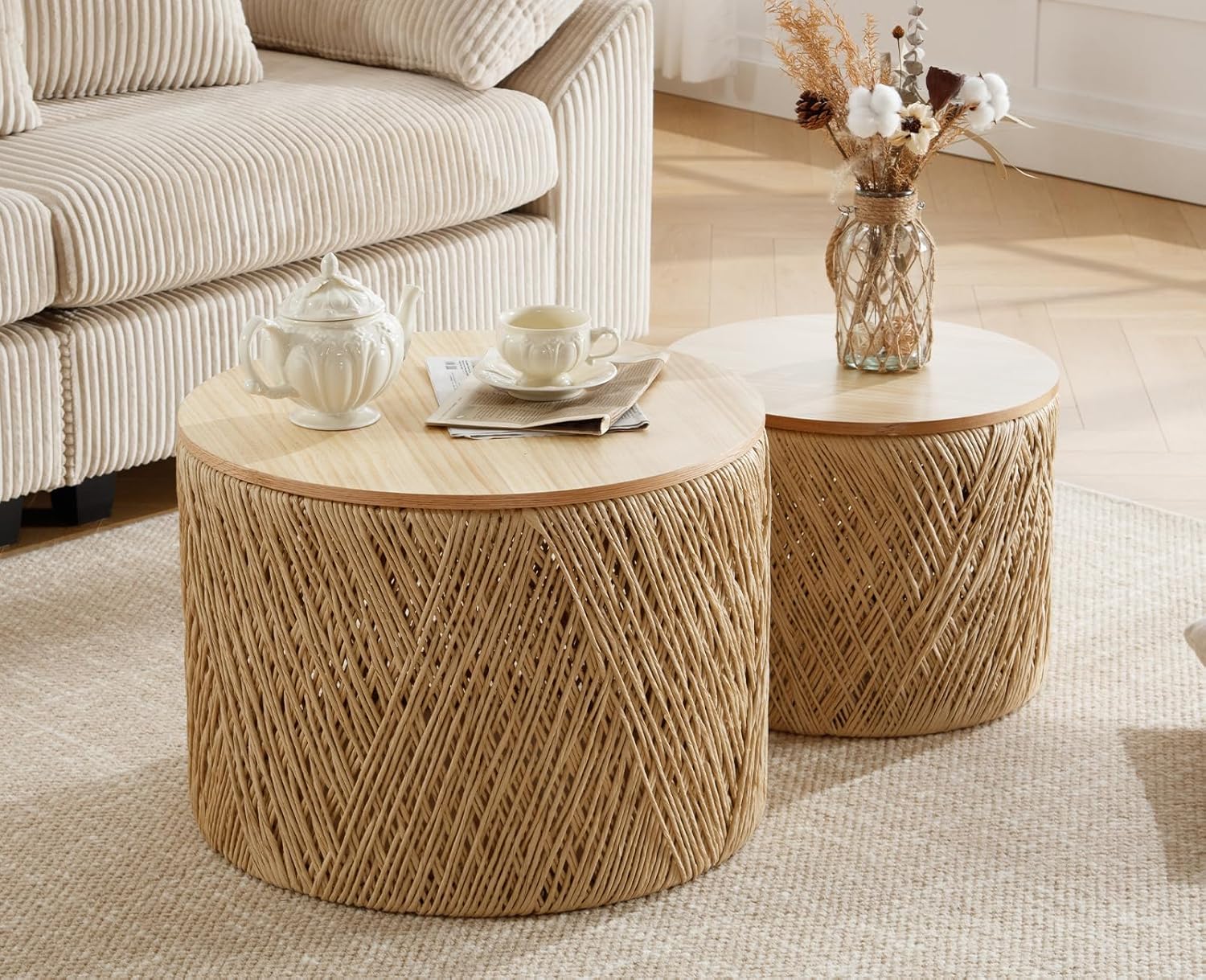 chairus Nesting Coffee Table Set of 2 Woven Round Coffee Table with Storage Solid Wood Side Table for Small Spaces, Living Room, Bedroom, Office, Natural