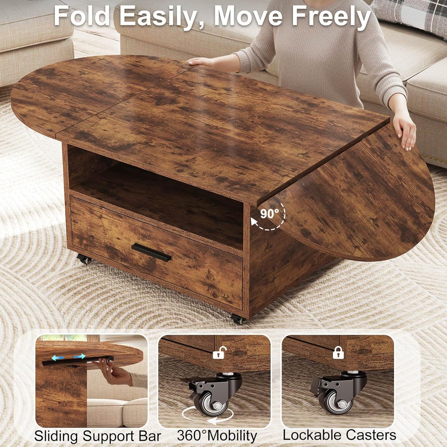 IBF Coffee Table with Storage, Wood Oval Living Room Table with Drawer, Multifunctional Rustic Foldable Center Table, Extendable Tea Table with Wheels for Home Bedroom Office, Rustic Brown, 47 in