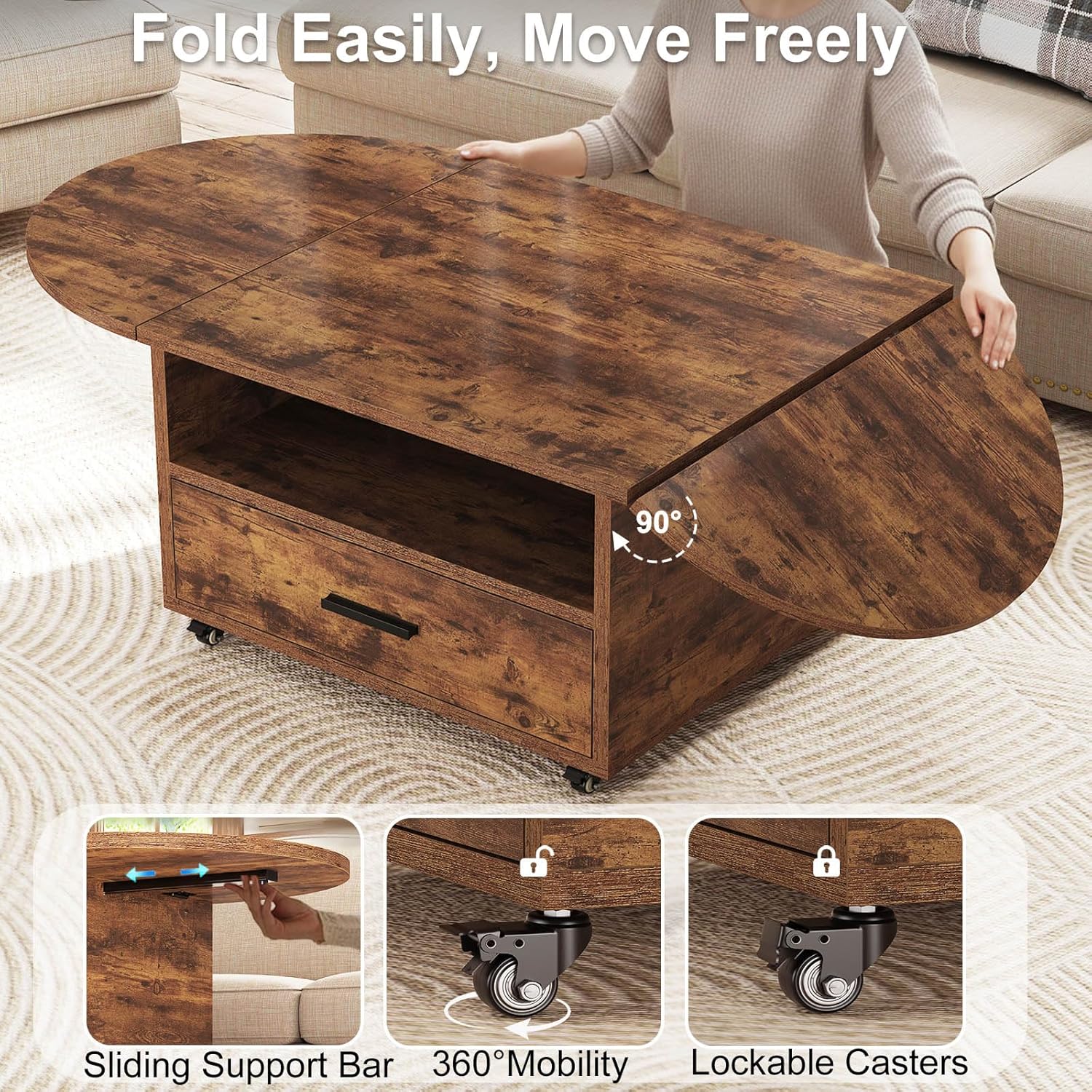 IBF Coffee Table with Storage, Wood Oval Living Room Table with Drawer, Multifunctional Rustic Foldable Center Table, Extendable Tea Table with Wheels for Home Bedroom Office, Rustic Brown, 47 in