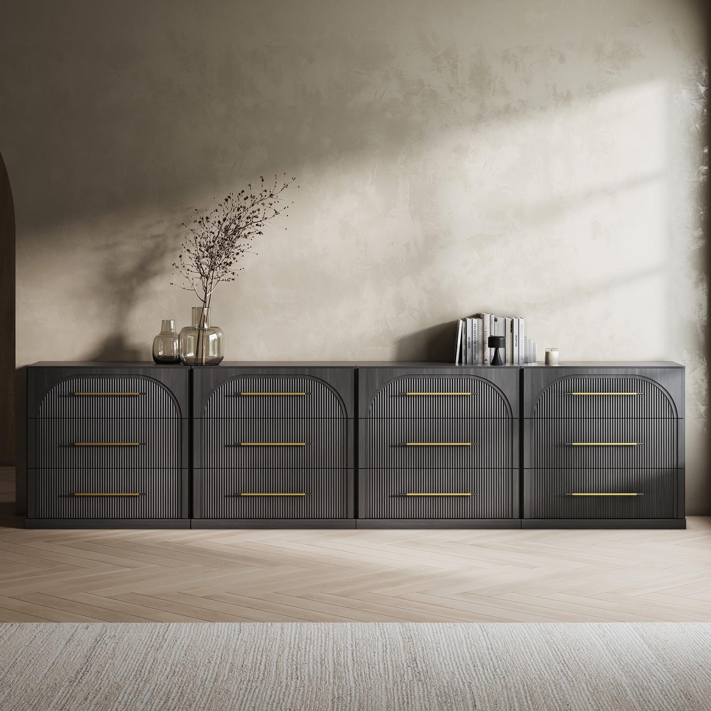 BELLEZE 65 Inch Fluted Buffet Cabinet with Storage, Symmetrical Arc Accent Sideboard Large Console Table for Dining Room, Kitchen, and Living Room (Camel)